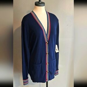 NWT St John's Bay Navy Dad Cardigan with Rainbow Striped Trim - Sz L 100% Cotton